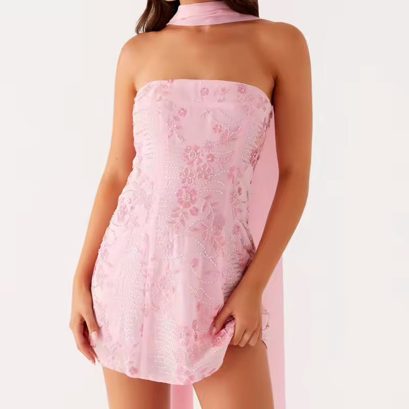 malibu barbie pink dress Malibu Barbie Scarf Sequin And Bead Dress Charmingly Brunette